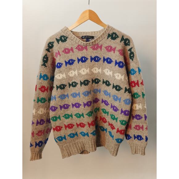 Ewenique Other - Vintage Ewenique Wool Tan Fish Print Crew Neck Thick Chunky Pullover Sweater